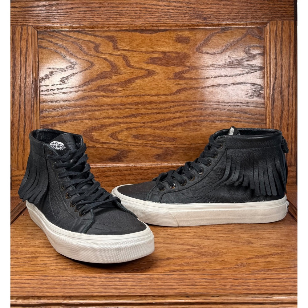 Vans Sk8-Hi Moccasin Black Leather Fringe High Top Sneakers Womens 9.5 Mens 8